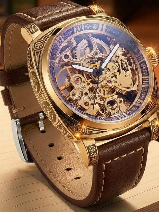 Business Fashion round Dial Leather Strap Analog Mechanical Watch, Vintage All-Match Buckle Automatic Wristwatch for Gift, Luminous Spring Pointer Design Watch with Box, Automatic Watches, National Day Offers, Mechanical Style Watches