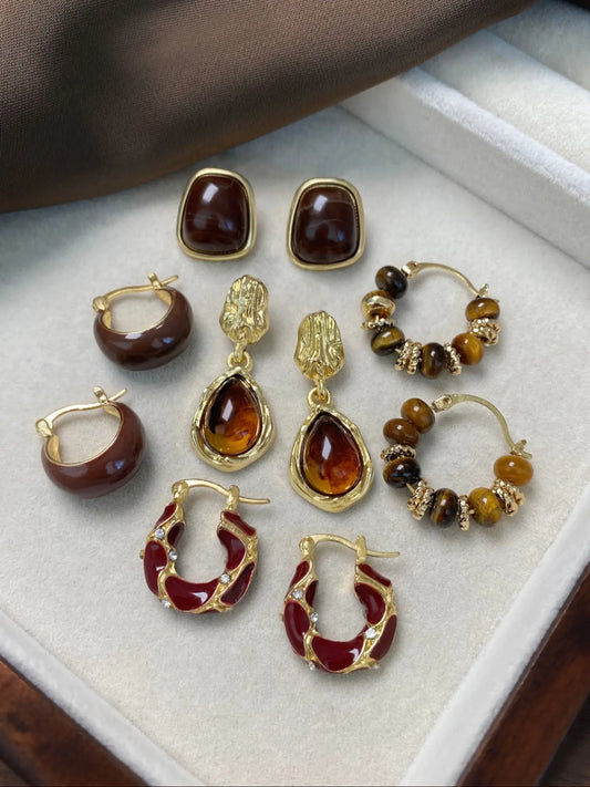 Women'S Elegant Tiger Eye Stone Hoop Earrings Set, Geometric Design Synthetic Resin Enamel Style Jewelry, Trendy Jewelry for Daily Wear & Parties, Hoop Earring Sets